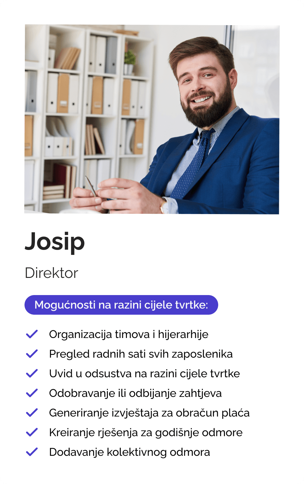 A man in a suit, smiling, is presented as Josip, the director. The image lists the following Kloki benefits: team organization, employee work review, tracking absences, approving requests, generating pay reports, and managing holidays.