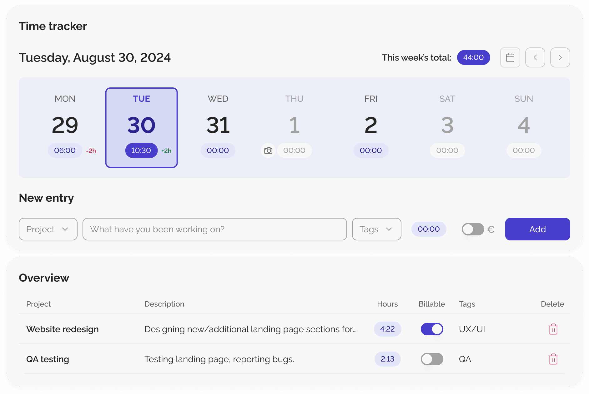 Kloki time tracking interface showing easy time entry