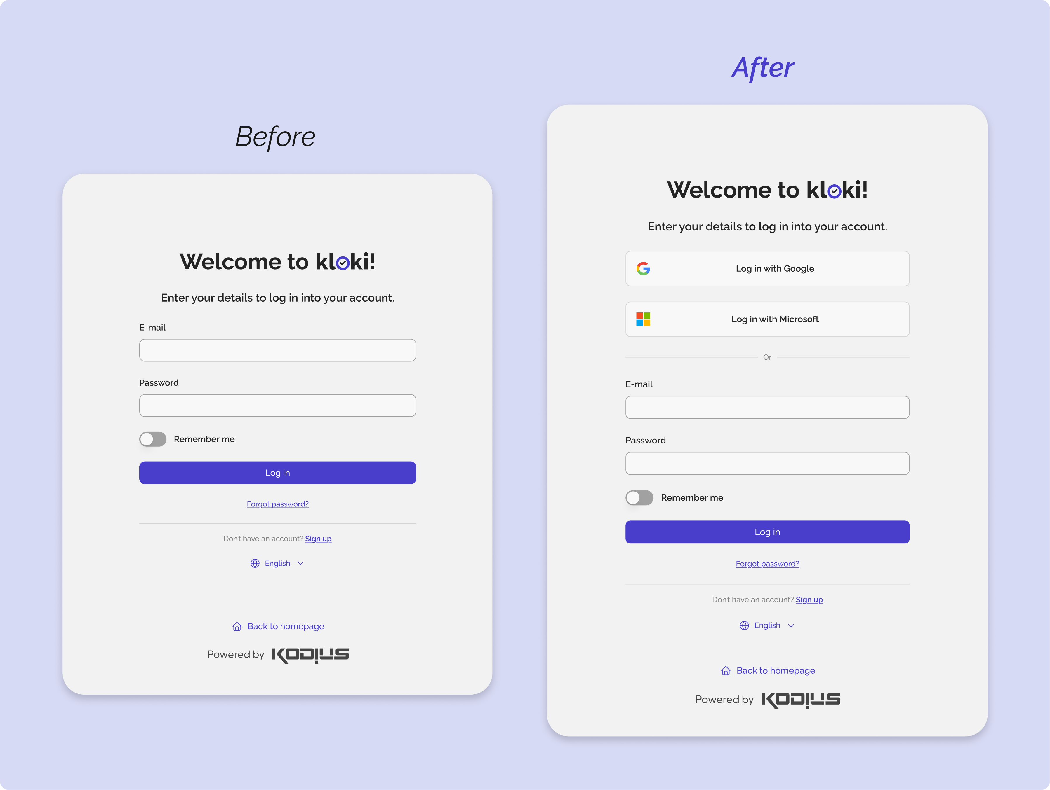Login screen in the Kloki application